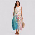 Sleeveless round-neck midi dress with abstract floral print in teal, purple, and cream