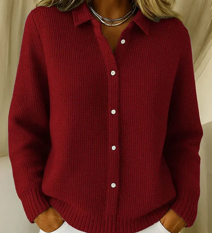 Dark red button-front knit cardigan with collared neckline, long sleeves, ribbed hem