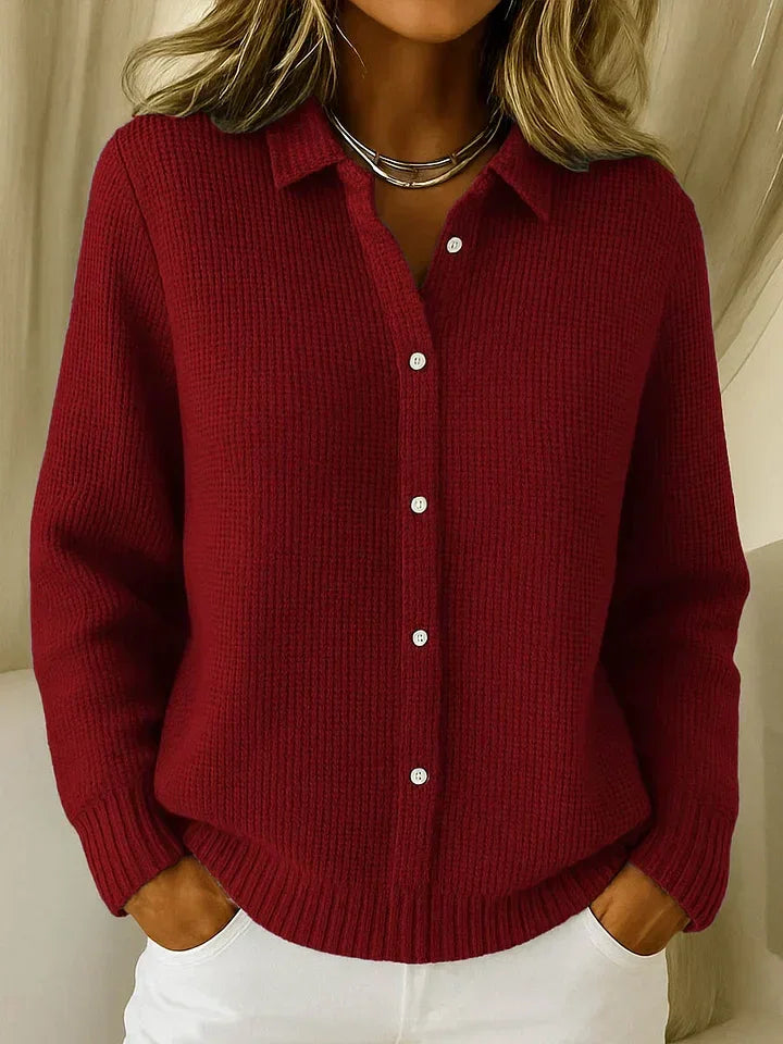 Dark red button-front knit cardigan with collared neckline, long sleeves, ribbed hem