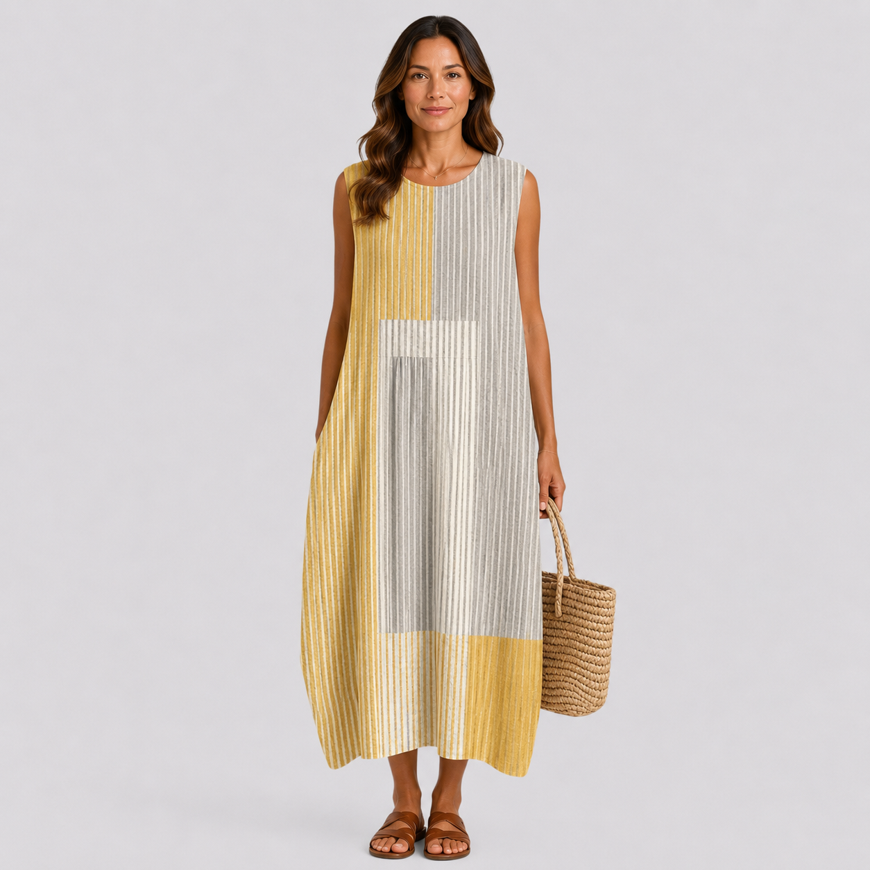 Sleeveless striped midi dress with round neck, gray and yellow vertical bands
