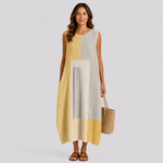 Sleeveless striped midi dress with round neck, gray and yellow vertical bands