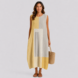 Sleeveless striped midi dress with round neck, gray and yellow vertical bands