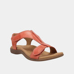 Coral red orthopedic sandal with two straps and cushioned sole with arch support