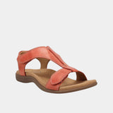 Coral red orthopedic sandal with two straps and cushioned sole with arch support