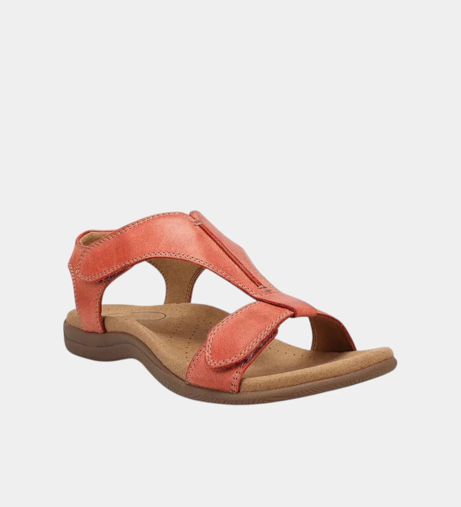 Coral red orthopedic sandal with two straps and cushioned sole with arch support