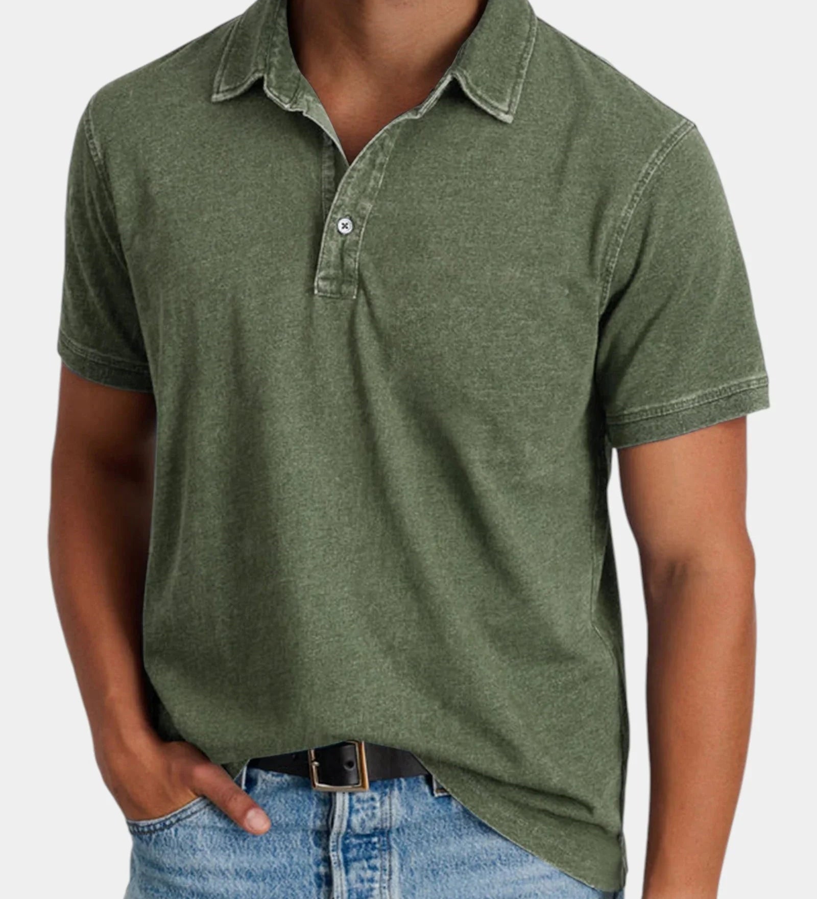 Army green classic polo shirt with short sleeves, button placket, and collared neckline