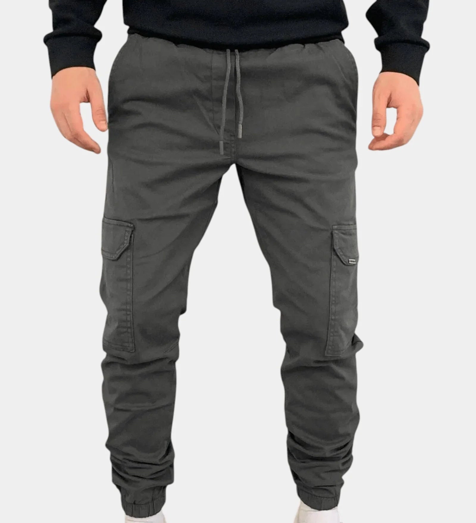 Gray cargo jogger pants with drawstring waist, side cargo pockets, elastic cuffs.
