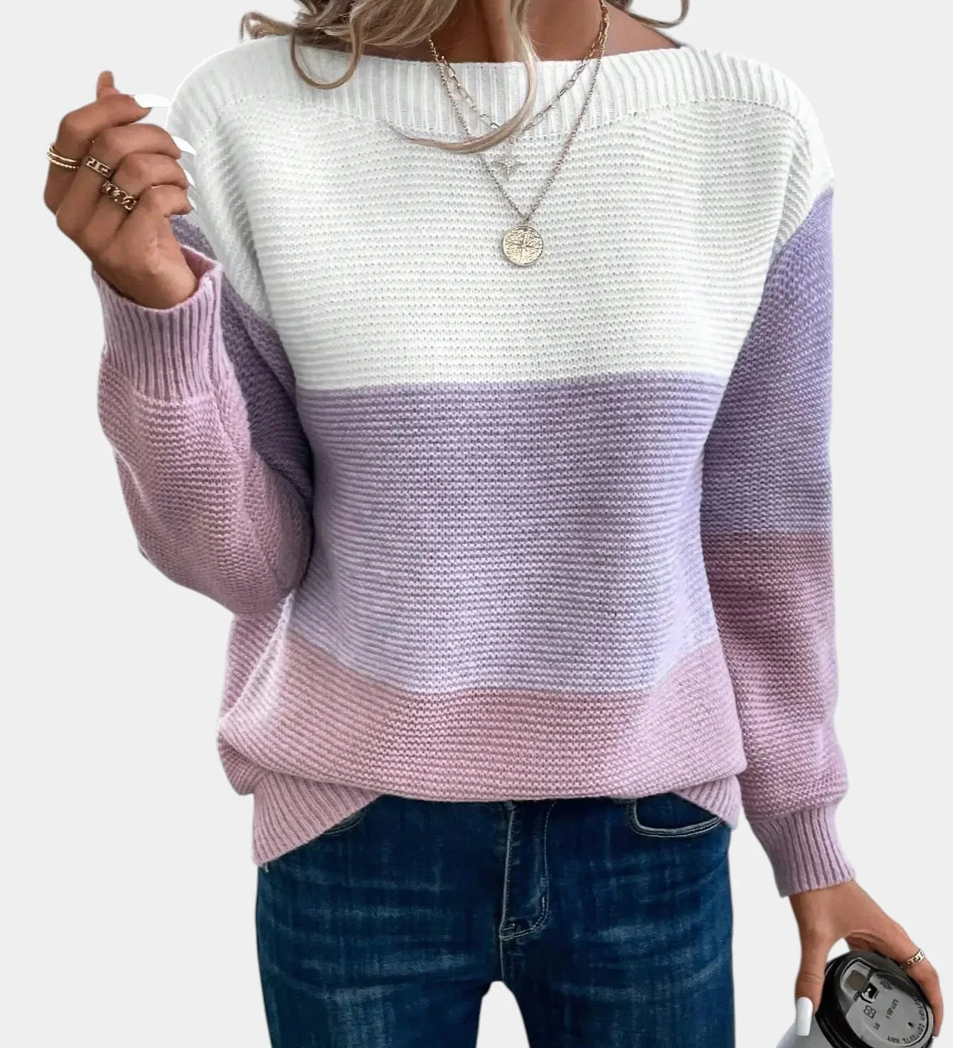 Two-tone knit pullover with crew neck, white upper to lavender-pink gradient