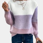 Two-tone knit pullover with crew neck, white upper to lavender-pink gradient