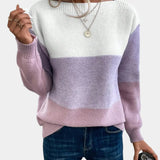 Two-tone knit pullover with crew neck, white upper to lavender-pink gradient