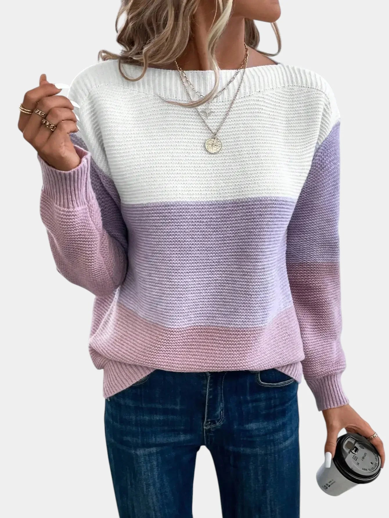 Two-tone knit pullover with crew neck, white upper to lavender-pink gradient