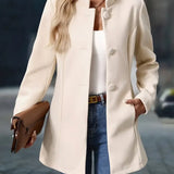 Cream button-front blazer jacket with notched lapel and long sleeves