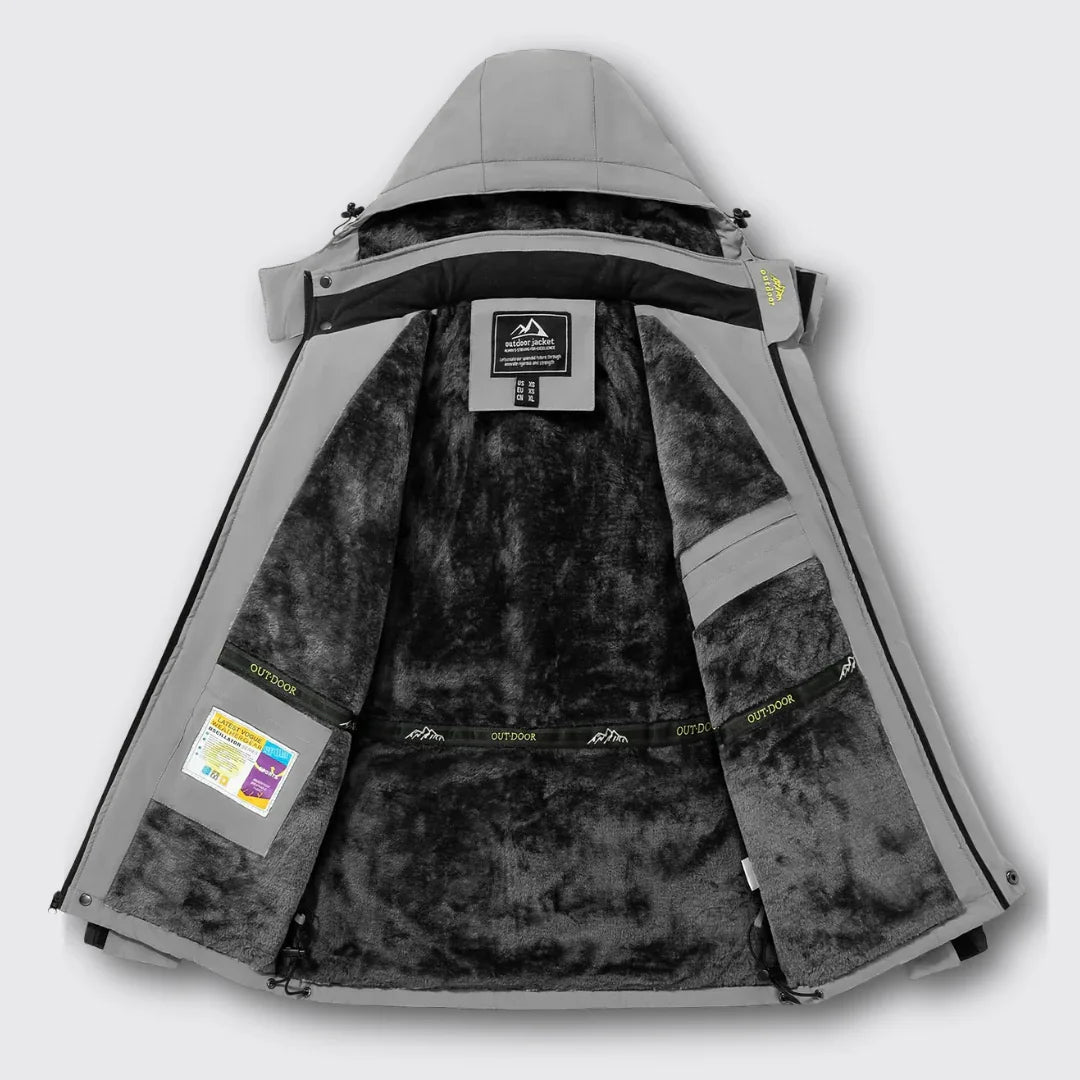 Insulated winter jacket with black faux-fur lining, full hood and gray exterior