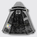 Insulated winter jacket with black faux-fur lining, full hood and gray exterior
