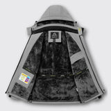 Insulated winter jacket with black faux-fur lining, full hood and gray exterior