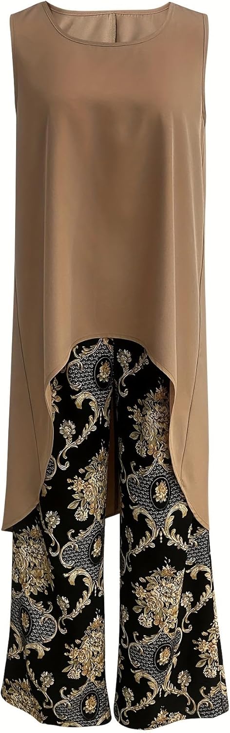 Taupe sleeveless tunic featuring a curved hem over black gold paisley wide-leg pants