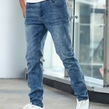 Light blue casual stretch jeans with straight legs and classic denim pocket design