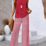 Ramona™ pink sleeveless top with layered hem and red-and-white striped wide-leg pants