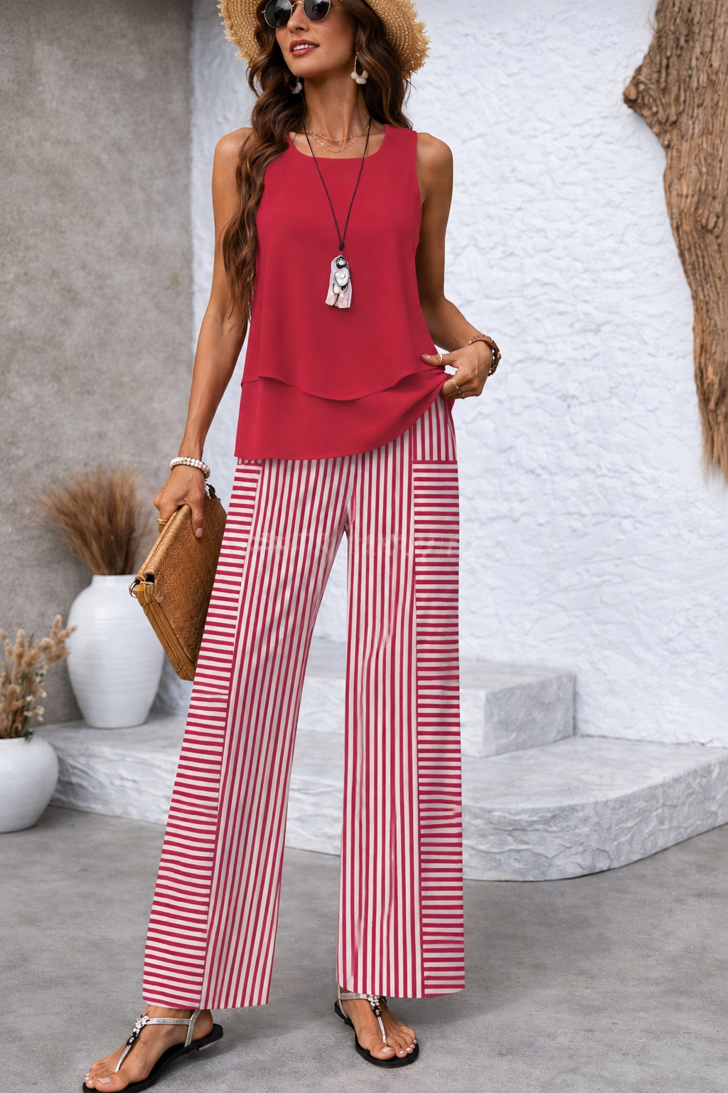 Ramona™ pink sleeveless top with layered hem and red-and-white striped wide-leg pants
