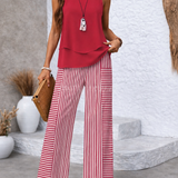 Ramona™ pink sleeveless top with layered hem and red-and-white striped wide-leg pants