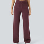 Burgundy wide-leg elastic pants with button-front detail and side pockets