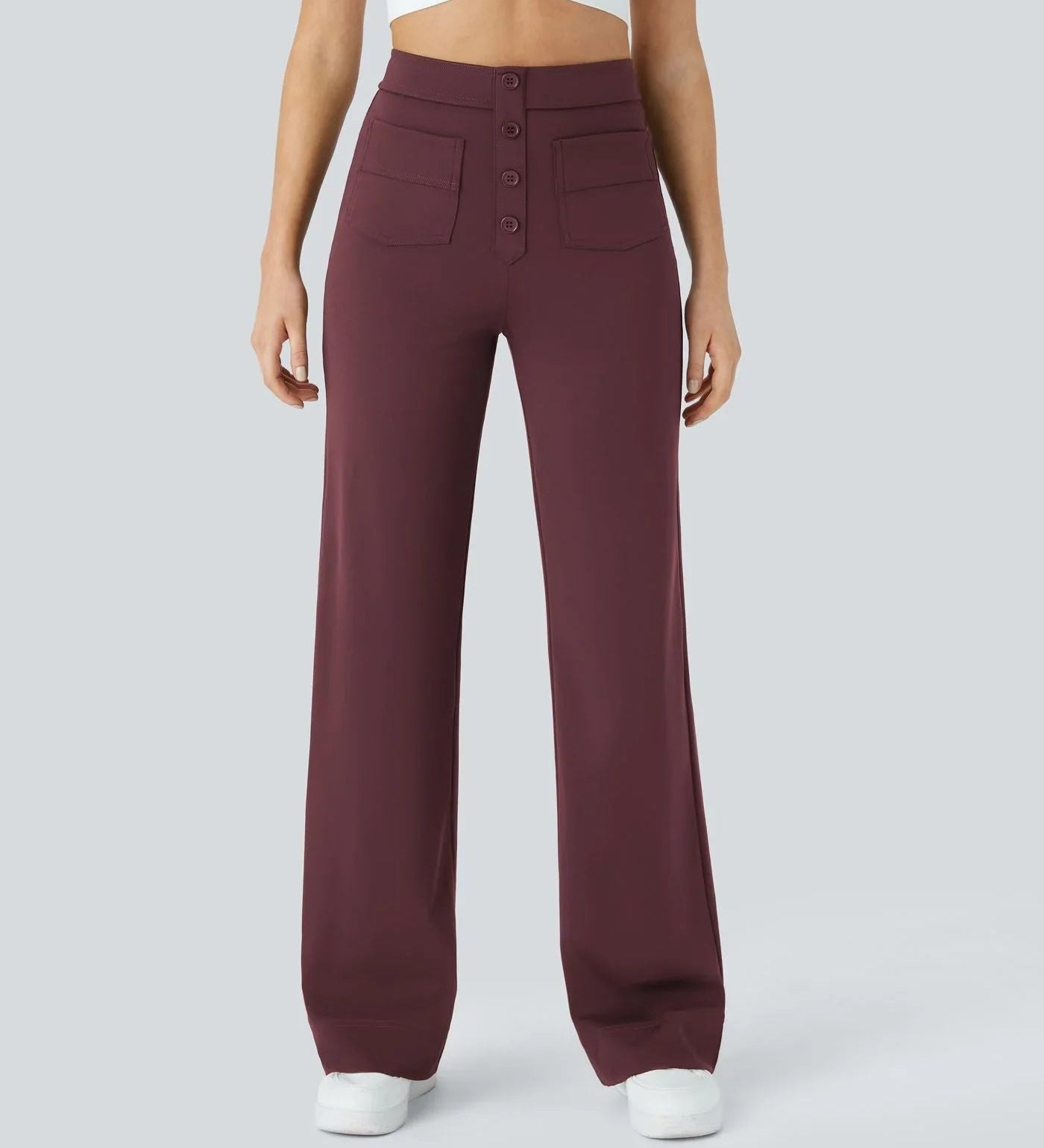 Burgundy wide-leg elastic pants with button-front detail and side pockets