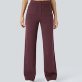 Burgundy wide-leg elastic pants with button-front detail and side pockets