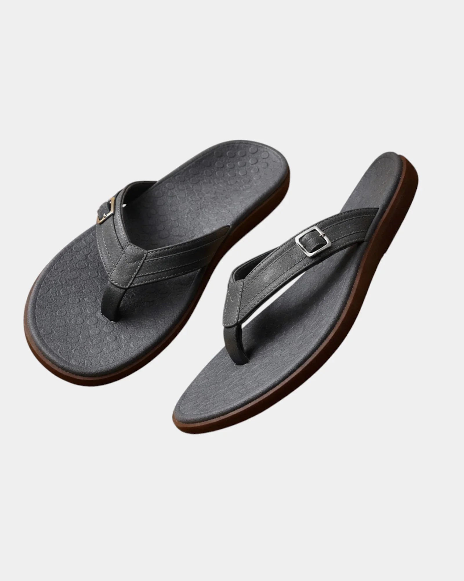 Orthopedic arch-support sandals, black flip-flops with adjustable silver-tone buckle strap