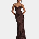 Brown floral lace mermaid gown with spaghetti straps and sweetheart neckline