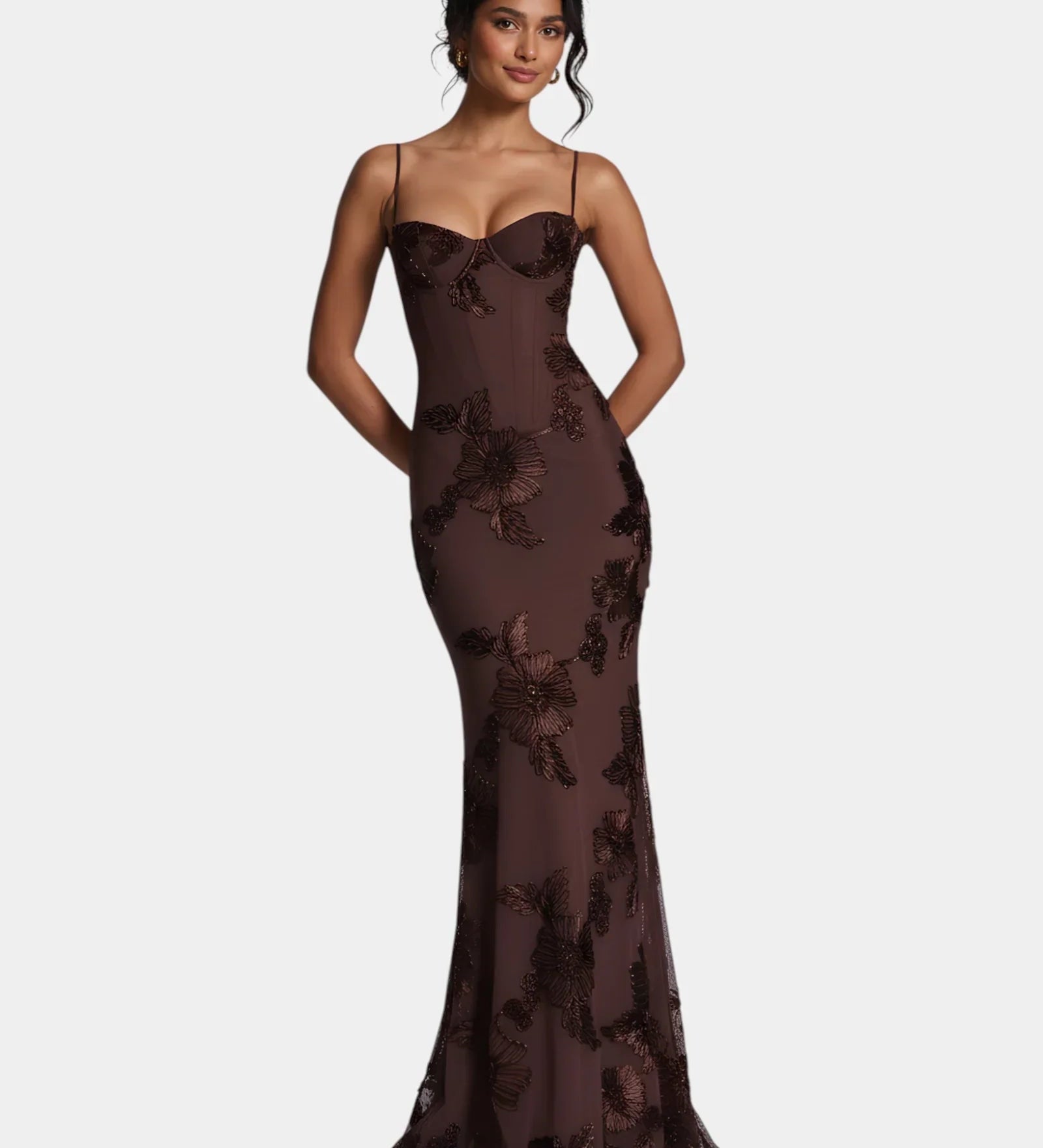 Brown floral lace mermaid gown with spaghetti straps and sweetheart neckline