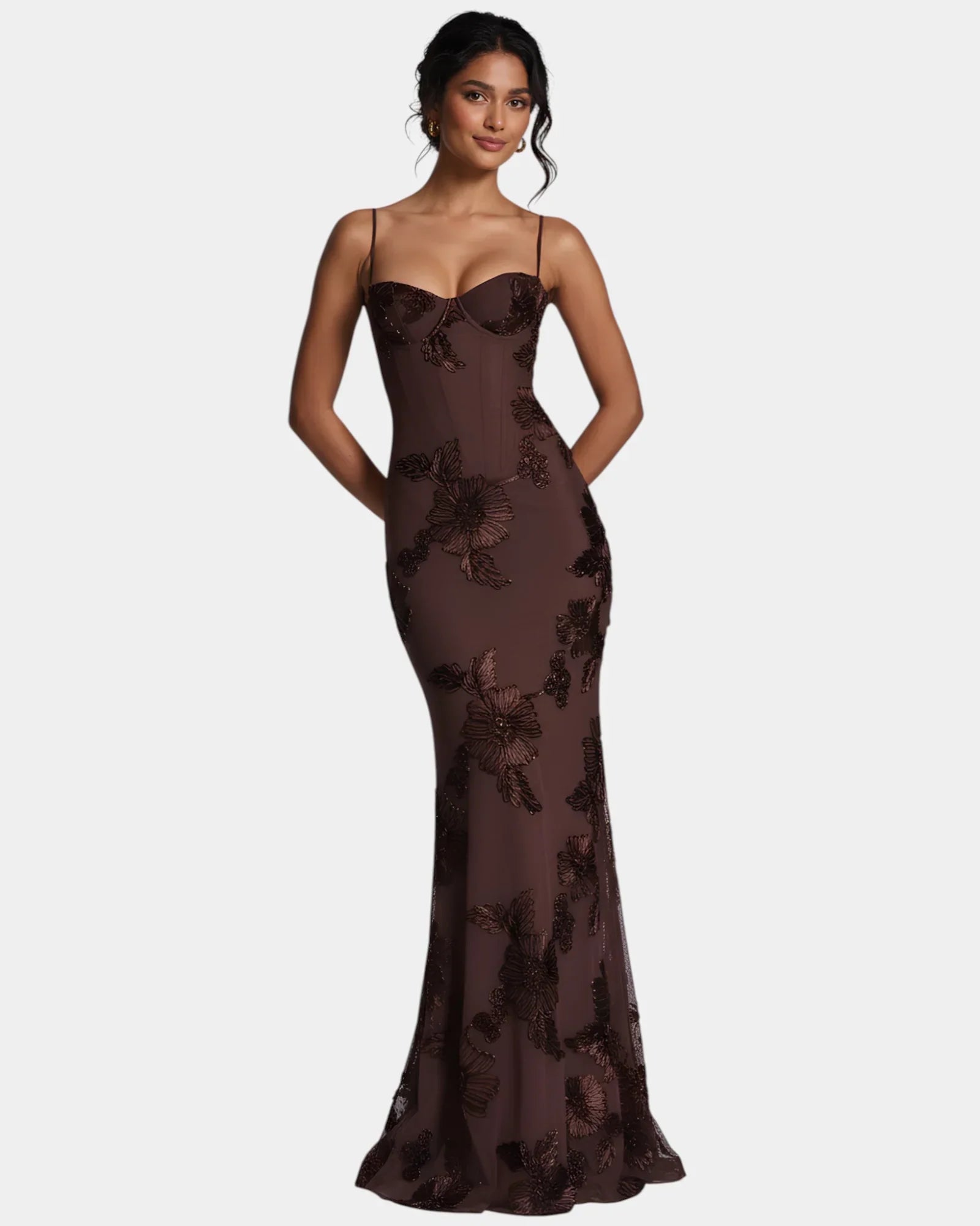 Brown floral lace mermaid gown with spaghetti straps and sweetheart neckline