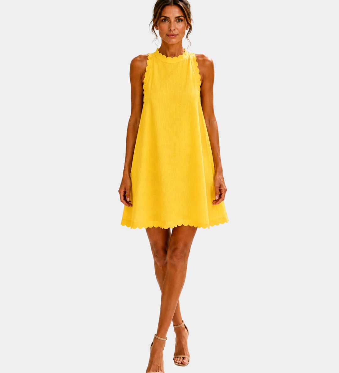 Yellow sleeveless short dress with high neck and scalloped hem