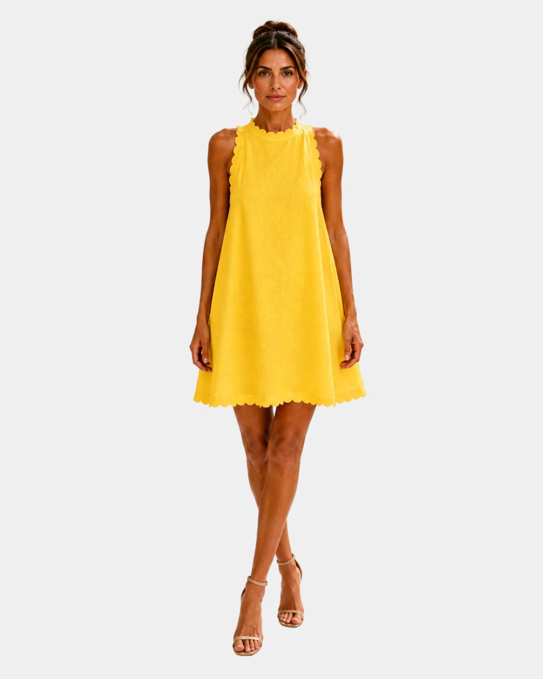 Yellow sleeveless short dress with high neck and scalloped hem