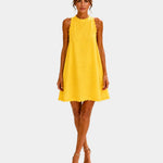 Yellow sleeveless short dress with high neck and scalloped hem