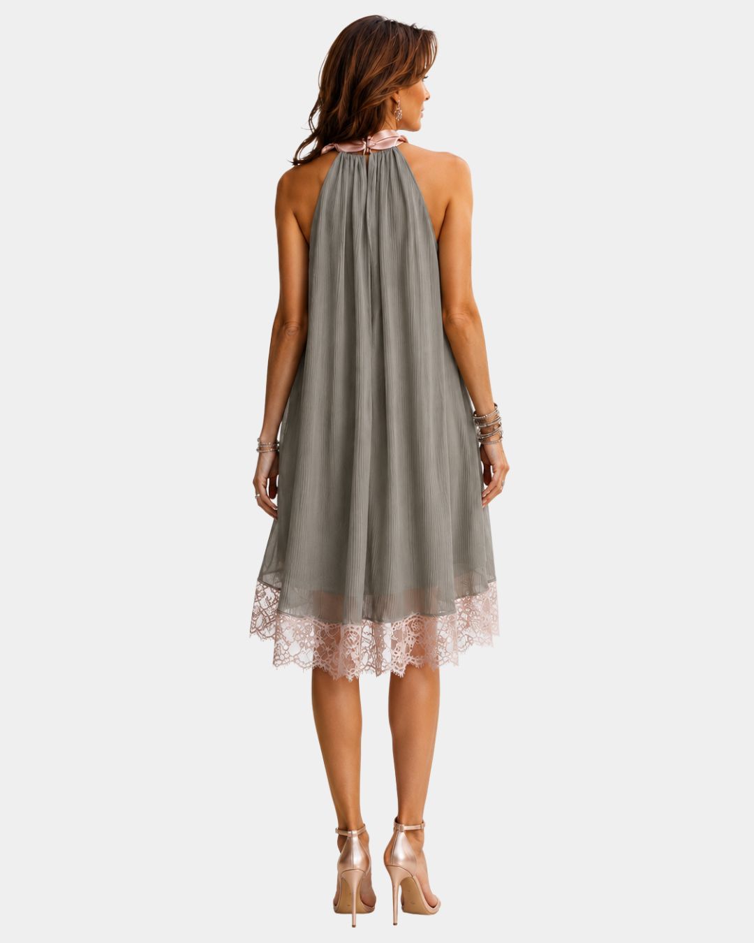 Back view of gray sleeveless halter dress with lace trim hem