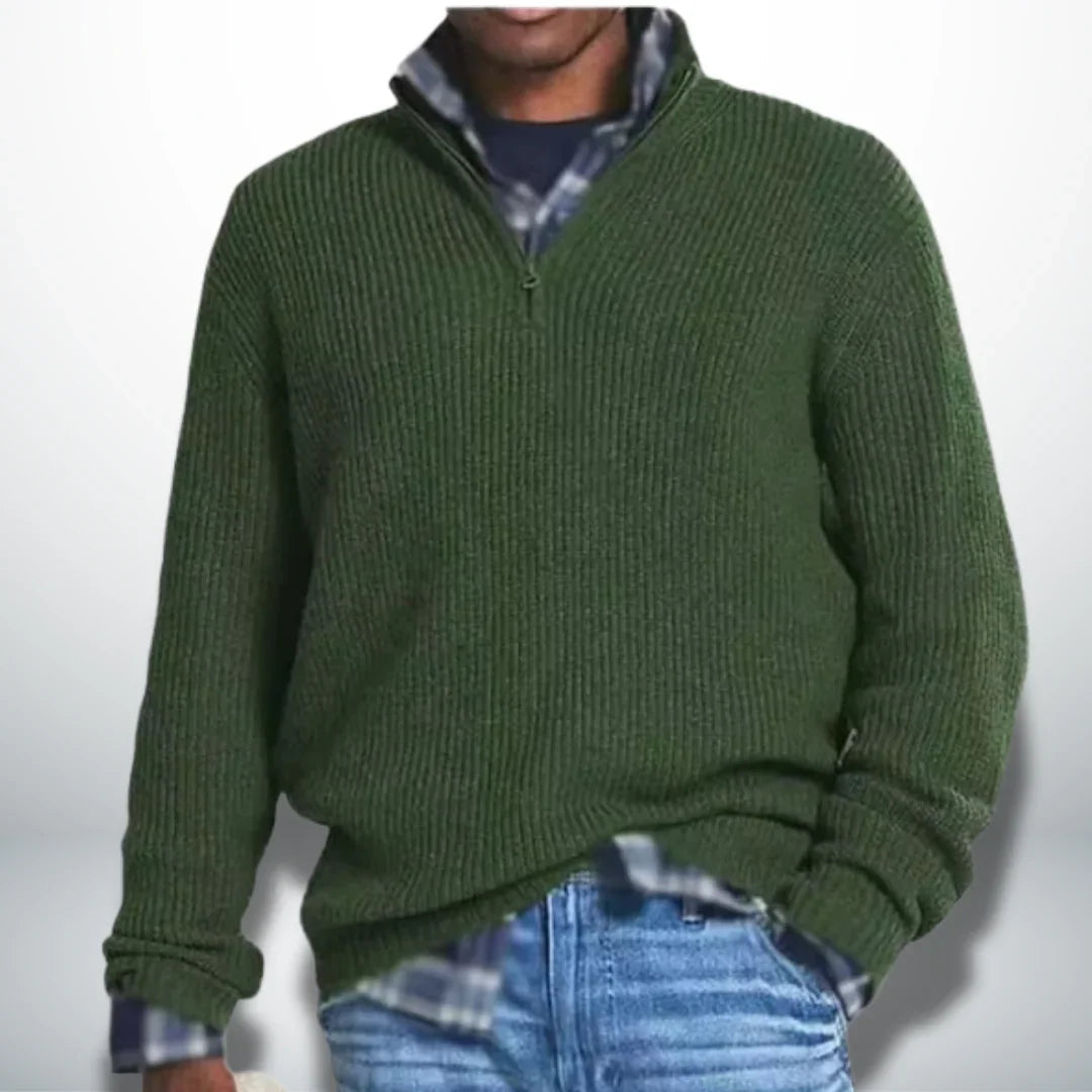 Military green knit quarter-zip sweater with ribbed cuffs and hem.
