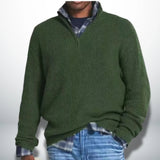Military green knit quarter-zip sweater with ribbed cuffs and hem.