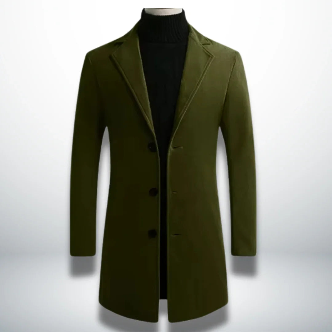 Men's dark green single-breasted coat with notched lapels and four-button front