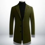 Men's dark green single-breasted coat with notched lapels and four-button front