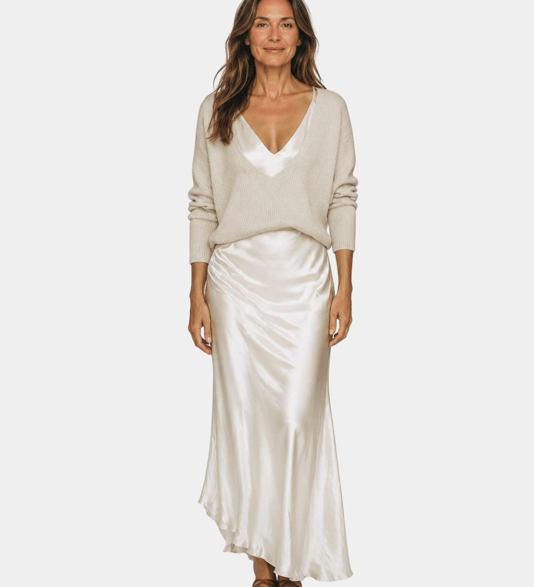 White V-neck dress with blouse top and satin midi skirt