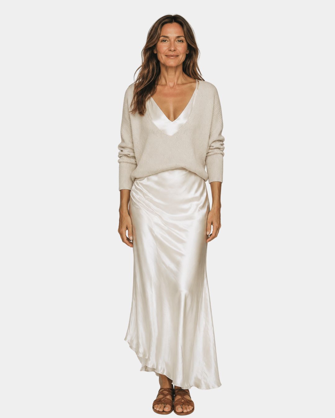 White V-neck dress with blouse top and satin midi skirt