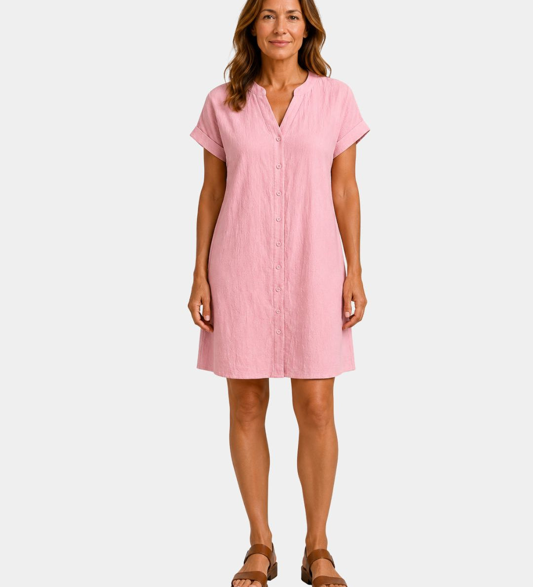 Women’s light dress in pink, short sleeves, V-neck, button-front, above-knee length