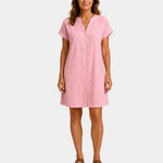 Women’s light dress in pink, short sleeves, V-neck, button-front, above-knee length
