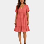Light red textured V-neck midi dress with short sleeves and tiered skirt