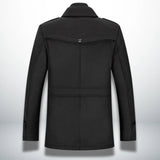 Black winter coat back view with stand collar and center seam detail.