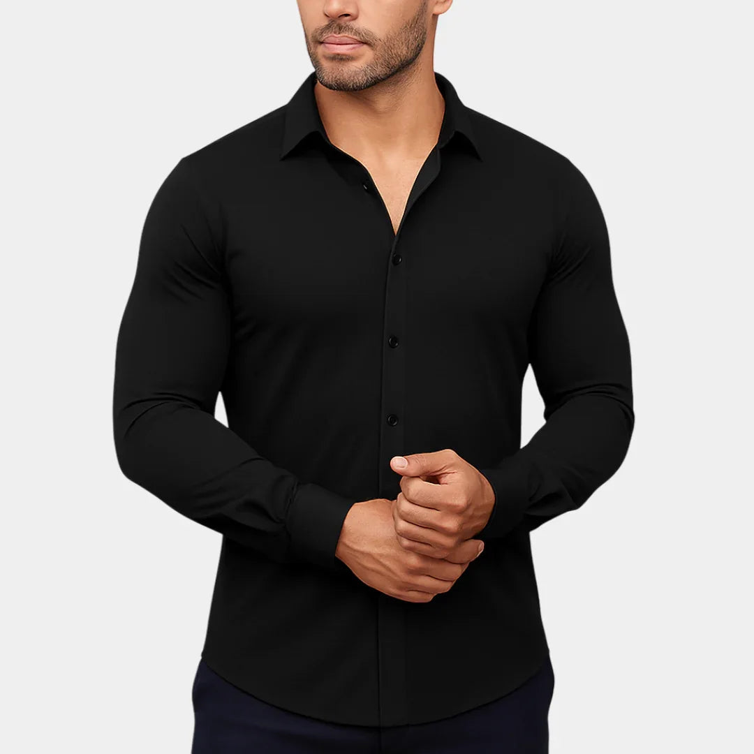 Men's ebony black stretch dress shirt with button-front and spread collar, long sleeves.