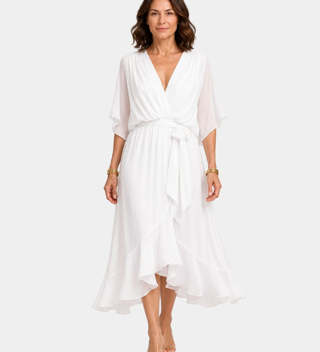 White chiffon V-neck wrap dress with tie waist, flutter sleeves and layered midi hem