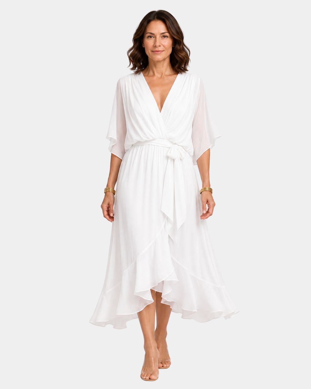 White chiffon V-neck wrap dress with tie waist, flutter sleeves and layered midi hem