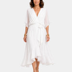 White chiffon V-neck wrap dress with tie waist, flutter sleeves and layered midi hem