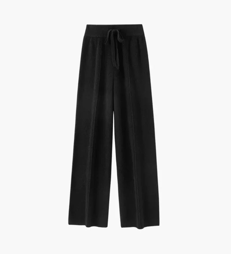 Pure merino wool trousers in black with elastic drawstring waist and wide legs